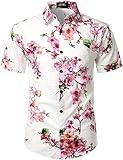 JOGAL Men's Flower Casual Button Down Short Sleeve Hawaiian Shirt White Pink X-Large