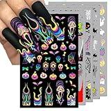 IDDFEVE Halloween Nail Art Stickers, Gradient Pumpkin, Horror Mask Nail Decals, 3D Self-Adhesive Spider-Web Bat Design for DIY Nail Supplies Decoration (5 Sheets)