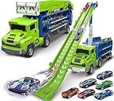 Kids Toys for 2 3 4 5 6 7 8 Years Old Boys, Carrier Truck Transport Car Toys, Foldable 2 Layer Car Race Track Playset with 46-in Race Track, 6 Metal Toy Cars, Birthday Toy Gift for Toddler Boys Girls