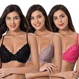 Curve Muse Semi-Sheer Balconette Underwire Lace Bra and Scalloped Hems (3 Pack)-Black,Rose,Mauve-34DDD-V2