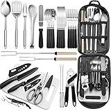 Portable Camping Kitchen Utensil Set-27 Piece Cookware Kit, Stainless Steel Outdoor Cooking and Grilling Utensil Organizer Travel Set Perfect for Travel, Picnics, RVs, Camping, BBQs, Parties and More