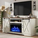 AMERLIFE Fireplace TV Stand with Sliding Barn Door for TVs up to 73", Farmhouse 63" Fireplace Entertainment Center with Storage Cabinets/Adjustable Shelves, Distressed White & Barnwood