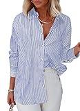 Diosun Womens Striped Button Down Shirts Classic Long Sleeve Stylish Collared Office Work Blouses Tops (Large, Blue)