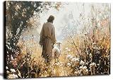 1Pcs Vintage Framed Jesus Lamb Paintings Canvas Wall Art Shepherd Flock Paintings Christian Wall Decor Modern Pictures Religious Art Print for Living Room Bedroom Decoration12inx16in