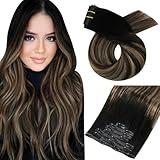 Moresoo Seamless Clip in Hair Extensions Balayage Seamless Hair Extensions Clip in Real Human Hair Ombre Black to Brown with Caramel Blonde PU Seamless Clip ins Human Hair Balayage 20inch 7pcs 120g