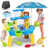 VATOS 3-Tier Sand Water Table Toys for Kids with Water Pumb & Umbrella, Kids Splash Water Table Play Toys for Outside Outdoor Backyard, Toddler Sensory Water Table for Toddlers Boys Girls