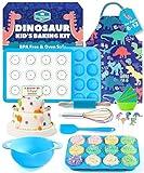 Osmi Complete Kids Baking Set - 14pc Dinosaur Chef Baking Kit - Premium Kid Cooking Gift Set w/ Real Utensils for Boys and Girls 4-12 - Bake Cookies, Cakes, and Cupcakes (Dino Theme)