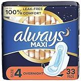 Always Maxi Overnight Pads with Wings, Size 4, Overnight, Unscented, 33 CT