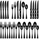 24-Piece Black Silverware Set with Steak Knives, Black Flatware Set for 4, Food-Grade Stainless Steel Tableware Cutlery Set, Mirror Finished Utensil Sets for Home Restaurant