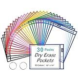 SUNEE 30 Packs Oversized Reusable Dry Erase Pocket Sleeves with 2 Rings, 10 Assorted Colors 10x14 Ticket Holders, Clear Plastic Sheet Protectors, Teacher School Classroom Supplies