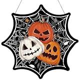 Colingmill Halloween Pumpkins Spider Web Door Sign Spiderweb Wooden Hanging Sign Halloween Horror Pattern Welcome Front Door Sign Wood Vintage Wall Decoration for Farmhouse Halloween Home Window Door