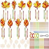 GlikCeil 128 Pcs Fall Wind Chime Kit Make You Own Maple Leaf Wind Chimes DIY Kit Coloring Fall Craft Wooden Hanging Ornaments for Art Project Autumn Thanksgiving Activity Party Decoration