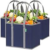 Reusable Grocery Bags (3 Pack) – Heavy Duty Reusable Shopping Bags with Box Shape to Stand Up, Stay Open, Fold Flat – Large Tote Bags are Foldable with Long Handles & Hard Bottom (Navy Blue)