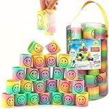 72 PCS Mini Emoticon Smile Happy Face Rainbow Springs Party Favors in Storage Bucket - Bulk Set of Plastic Magic Coil Stretch Stress Toys for Kids Birthdays, Carnival Prizes, Goodie Bag Stuffers