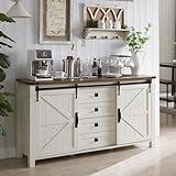 T4TREAM Farmhouse Sideboard Buffet Cabinet with Storage, 60" Large Kitchen Cabinet w/Sliding Barn Doors and 4 Drawers, 31.2'' Tall Wood Coffee Bar Table for Dining Room, Antique White