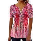 Lightning Deals Summer Tops for Women 2024 Trendy Boho Floral Print Tunic Shirts Short Sleeve Button v Neck Tshirt Casual Loose Blouse Womens Summer Tops Red 2X