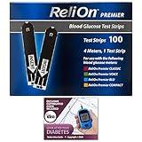 Reli On Premier Blood Glucose Testing Strips | Glucose Test Strips | Test Strips for Diabetes | Blood Sugar Strips | Diabetic Test Strips | Relion Premier Test Strips 100 Count 1 Pack + B. Idea Guide