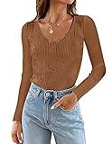 ZESICA Women's 2024 Fall Long Sleeve V Neck T Shirts Ribbed Knit Sweater Slim Fit Solid Basic Casual Tee Tops,Brown,Small