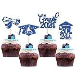 24Pcs 2024 Graduation Cupcake Toppers Glitter Congrats Grad Cap Graduation Cupcake Food Picks 2024 Graduation Cake Decorations for Class of 2024 Graduation Party Supplies Blue