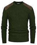 Men's Sweaters Crewneck Casual Vintage Cable Knit Pullover Warm Fall Winter Pullover with Suede Patchwork Army Green XL