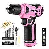 DEKOPRO 8V Cordless Drill, Drill Set with 3/8"Keyless Chuck, 42pcs Acessories, Built-in LED, Type-C Charge Cable, Pink Power Drill for Drilling and Tightening/Loosening Screws