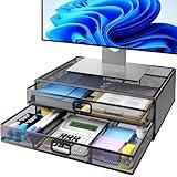 HUANUO 2 Tier Monitor Stand, Metal Monitor Riser with Drawer, Desk Organizer, Monitor Stand with Storage, Desktop Computer Stand for PC, Laptop, Printer