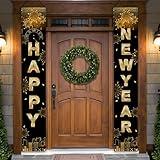 Happy New Year Door Banner Decorations-2025 Black Gold New Year Front Porch Hang Door Banners,New Years Eve Party Supplies,New Year Door Banner Sign Set for Home,Yard,Wall,Indoor,Outdoor 71x12 Inch