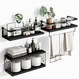 Fixwal 3+1 Tier Wall Mounted Bathroom Shelves Over Toilet, Rustic Wood Floating Shelves with Metal Frame and Towel Bar for Bathroom, Kitchen, Bedroom, Living Room (Black)