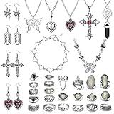 Subiceto 33Pcs Grunge Vintage Punk Necklace Jewelry Set Gothic Earrings Fairy Butterfly Boho Crystal Y2k Cross Pendent Butterfly Heart Choker Goth Stackable Knuckle Rings Adjustable