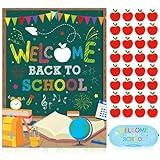 PullCrease Welcome Back to School Pin The Apple on The Blackboard Back to School Party Game Poster with 32 Stickers Blindfold Pin Game Set Back to School Party Decorations for School