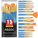 AROIC Acrylic Paint Brush Set, 15 pcs Nylon Hair Paint Brushes for All Purpose Oil Watercolor Face Body Rock Painting Artist, Small Paint Brush Kits for Kids Adult Drawing