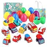 Easter-Egg with Toys Inside, 12 Pack Plastic Prefilled Easter-Egg Fillers Pull-Back Engineering Vehicles, Easter Basket Stuffers for Filled Easter-Egg Hunt Kids Toddler Boys Gifts Party Favors, SH-09