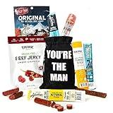 Jerky Gift Bag - Exotic Jerky Variety Pack in Fun You're the Man Bag - Gifts for Men Who Wants Nothing, Assortment of High Protein Beef Jerky Snack Packs - Ideal Gift for Dad from Daughter, Son or Wife