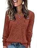 Womens Fall Fashion 2024 V Neck Long Sleeve Sweaters for Women Trendy Thanksgiving Shirts Casual Tops Caramel L