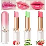 3 Pcs/Set Strawberry Peach Aloe Jelly Lipstick Set Temperature Change Moisturizer flower Lip Stick Long Lasting Nutritious Lip Balm Magic Color Change Lip Gloss (3Pcs Fruity Flavor Lipstick A)