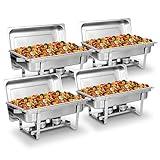 SUPER DEAL Upgaded 8 Qt Stainless Steel 4 Pack Full Size Chafer Dish with Water Pan, Food Pan, Fuel Holder and Lid For Buffet Weddings Parties Banquets Catering Events