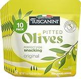 Tuscanini Italian Pitted Snack Olives, 1 oz (10 Pack) | Convenient Olive Pouches for Snacking | No Oil | Gluten Free, Vegan, Keto Friendly | Pitted Olives | Great for Travel, Picnics and Office Snacks | Kosher