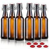 YEBODA 16 oz Amber Glass Beer Bottles for Home Brewing with Flip Caps, Case of 6