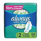 Always Ultra Thin Feminine Pads For Women, Size 2 Long Super Absorbency, With Wings, Unscented, 58 Count