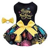 CuteBone Happy New Year Dog Dresses Velvet Holiday Small Dogs Clothes Onesie Pet Apparel Girl Puppy Skirt with Bow Hair Rope CVA56M-D