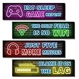 4 Pcs Printed Neon Gaming Posters, Teen Boys Room Decorations, gamer wall art Decor for bedroom Wooden