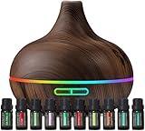 Ultimate Aromatherapy Diffuser & Essential Oil Set - Ultrasonic Diffuser & Top 10 Essential Oils - 300ml Diffuser with 4 Timer & 7 Ambient Light Settings - Therapeutic Grade Essential Oils Dark Oak