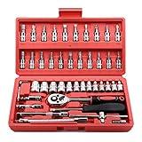 Egofine 46 Pieces 1/4 inch Drive Socket Ratchet Wrench Set, with Bit Socket Set Metric and Extension Bar for Auto Repairing and Household, with Storage Case