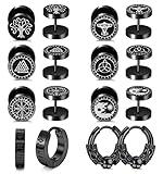 SAILIMUE 8Pairs Viking Earrings for Men Stainless Steel Norse Viking Stud Earrings Fake Gauges Plug Viking Huggie Hoop Mens Earrings Wolf Runes Divination Piercing Jewelry 18G Black