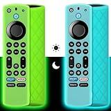 Pinowu Silicone Remote Case (2pcs, Glow in The Dark) for Firestick 4K Max (2nd)/ Toshiba/Insignia/Pioneer/Omni (QLED) Series Alexa Voice Remote Enhanced w/Lanyard (Green + Turquoise)