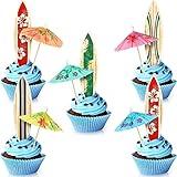 Leinuosen 96 Pcs Summer Beach Cake Decorations Included 48 Pcs Surfboard Cupcake Toppers and 48 Pcs Cocktail Umbrella Picks for Birthday Party Tropical Beach Cupcake Topper Party Supplies