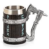 Viking Mug - Nordic Viking Rune Mug, Norse Mythology Gifts, Viking Beer Cup, Tankard Cup for Men, Wooden Barrel Cool Coffee Mugs, Beer Stein for Nordic Decor, Norse Decor, Viking Decor for Home