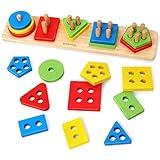 Coogam Wooden Sorting Stacking Montessori Toys, Shape Color Recognition Blocks Matching Puzzle Stacker Geometric Board Early Educational Puzzles for Years Old Boys and Girls