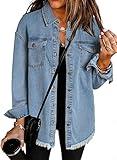 Dokotoo Women's Casual Boyfriend Oversized Lapel Button Up Long Sleeve Denim Trucker Jacket Distressed Ripped Denim Jackets Fray Hem Tassels Jean Jacket for Women with Pockets,US 4-6(S),Blue