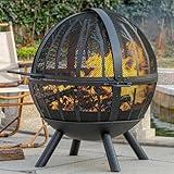 Panovue 35 Inch Wood Burning Fire Pit with BBQ Grill, Heavy Duty Fire Pits Ball for Outside with Spark Screen & Removable Ash Pan, Outdoor firepit & Fireplace for Bonfire in Garden, Yard